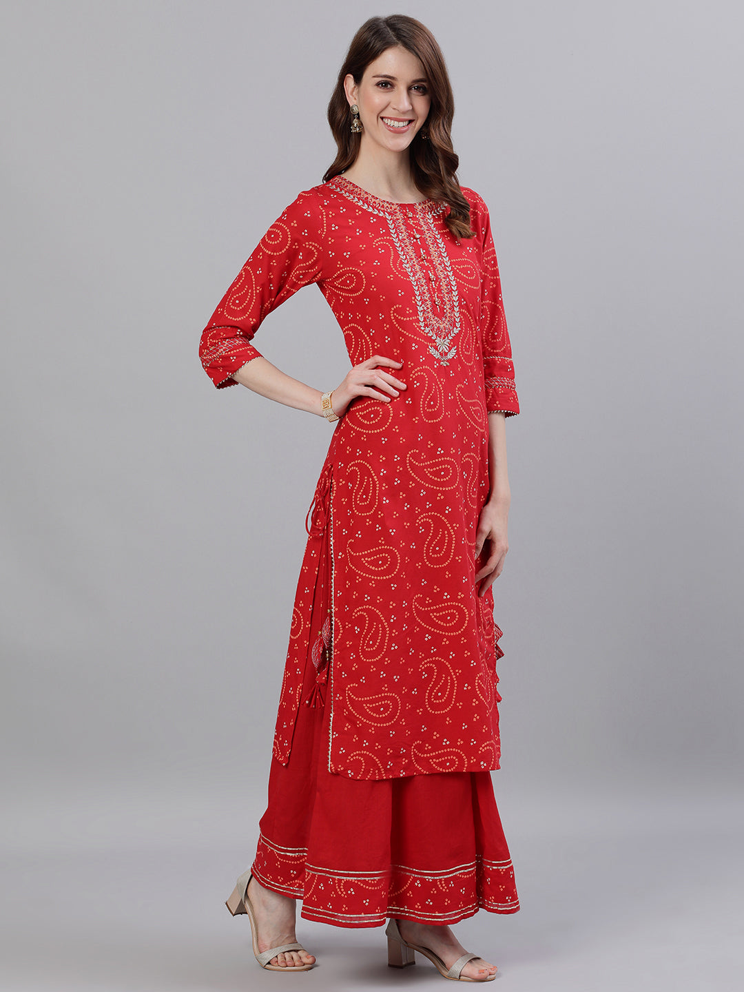 Ishin Women's Cotton Red Bandhani Embroidered A-Line Kurta Sharara Dupattta Set