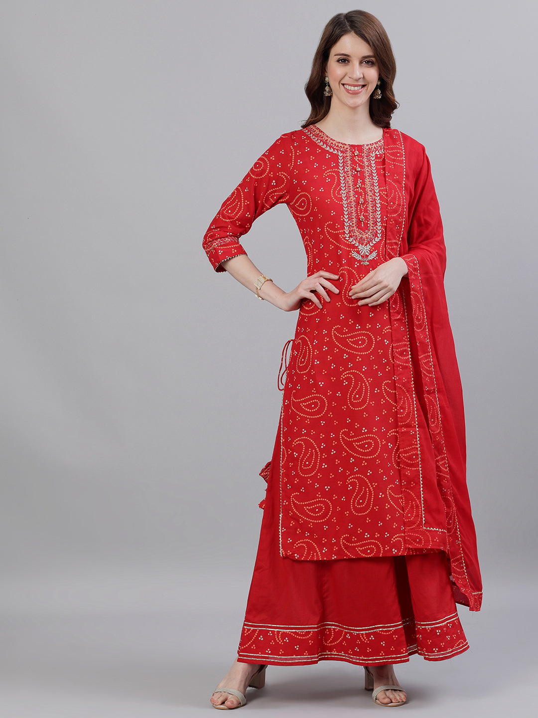 Ishin Women's Cotton Red Bandhani Embroidered A-Line Kurta Sharara Dupattta Set