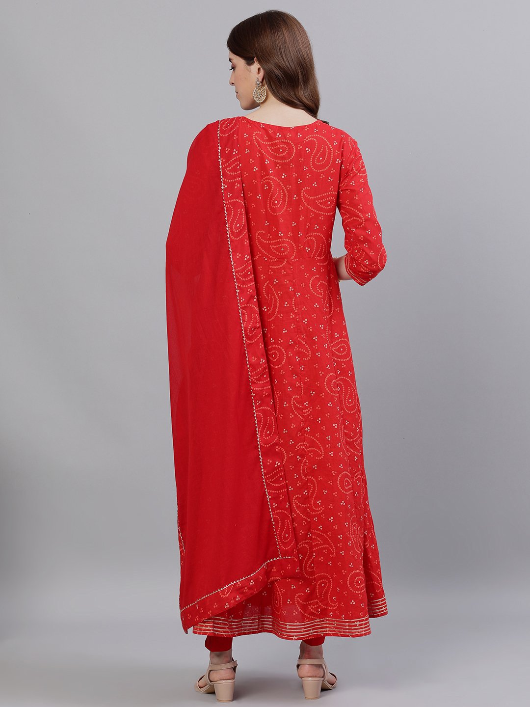 Ishin Women's Red Bandhani Embellished Anarkali Kurta With Dupatta