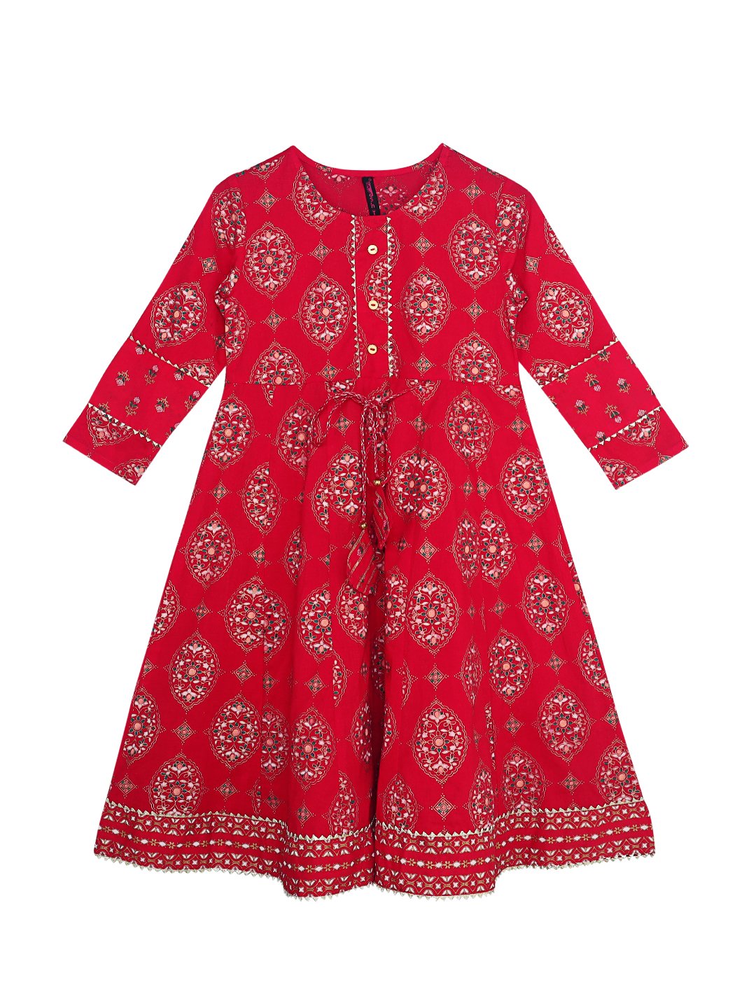 Ishin Girls Red Foil Printed Fit & Flare Dress